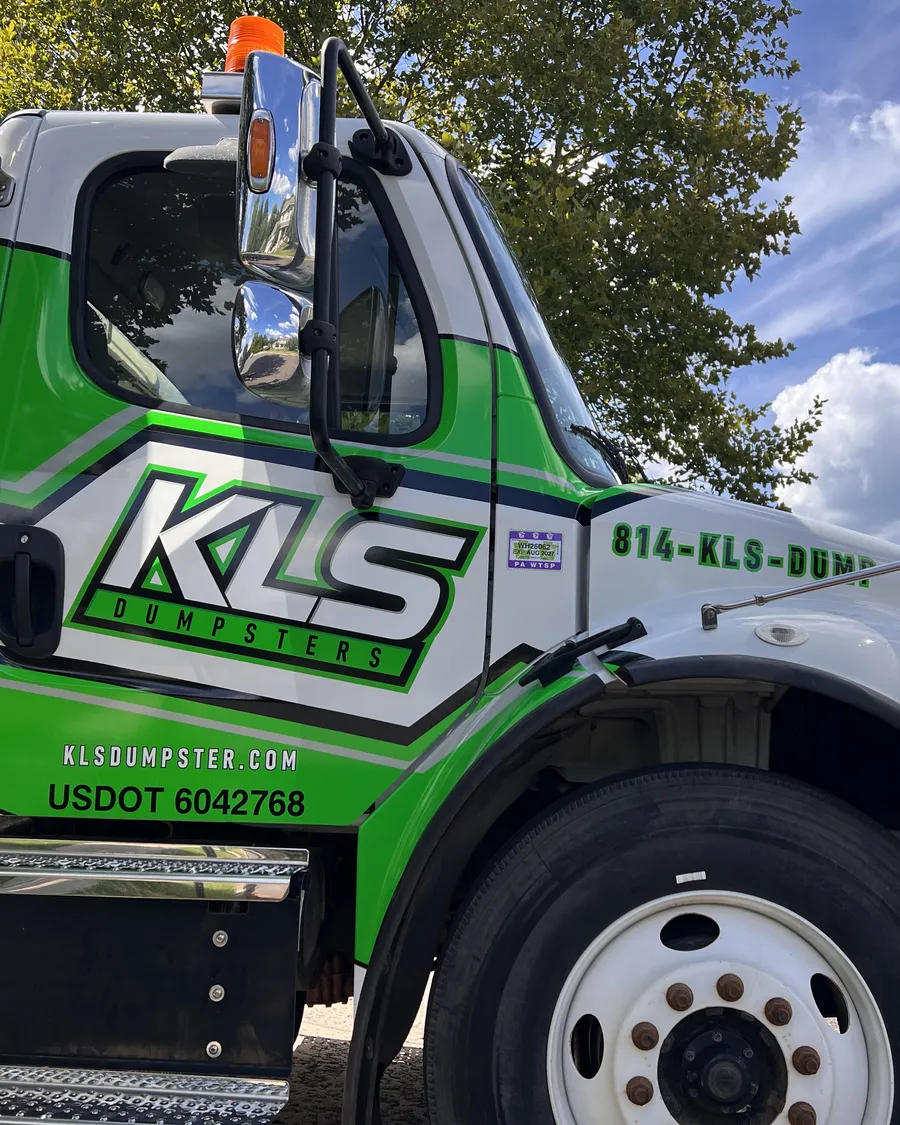 The KLS Dumpster roll-off truck, locally owned and operated in Telford, PA
