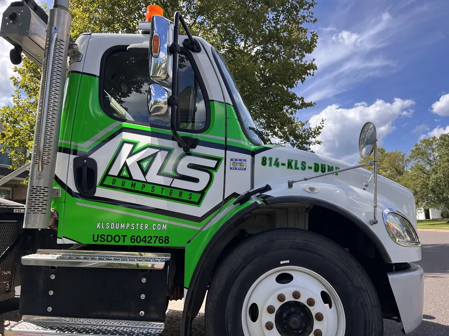 The KLS Dumpster roll-off truck, locally owned and operated in Telford, PA